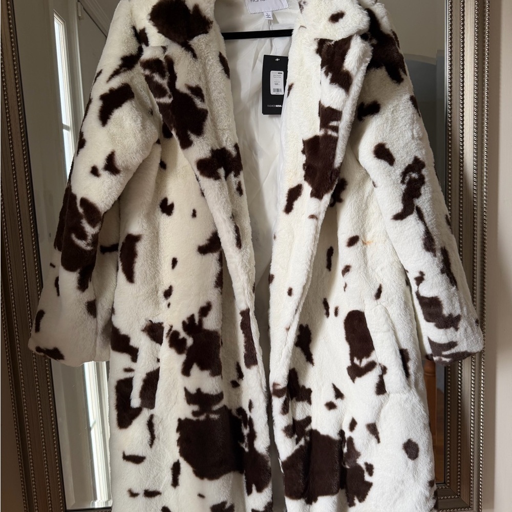 Cow Print Faux Fur Jacket - White and Brown